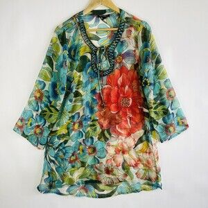 Club Z Collection Sheer Floral Beaded Shirt Blouse Tunic Swim Cover Womens Small
